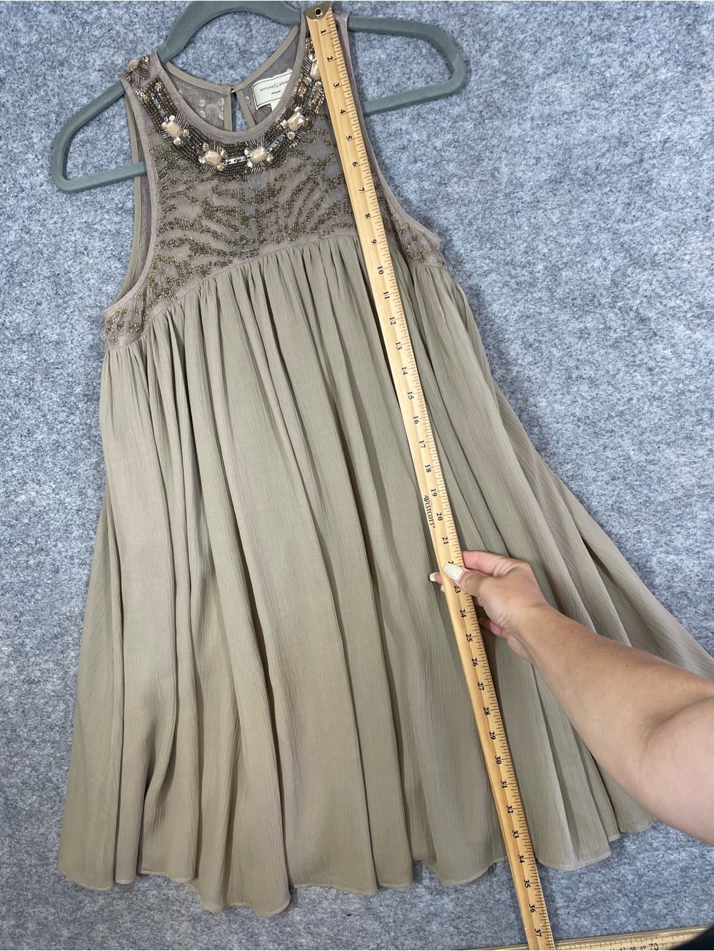 Anthropologie Moulinette Soeurs Beaded Chiffon Dress 6 Taupe Grecian Boho Tunic - Picture 9 of 16
